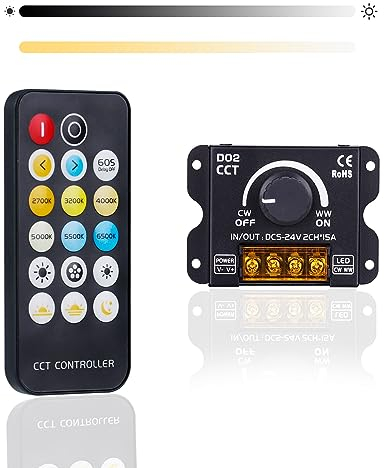 GOMING CCT Tunable White LED Controller DC 5V 12V 24V 30A RF PWM Controller Kabellose Steuerung oder über den Drehknopf zum Einstellen von Helligkeit und Farbtemperatur Geeignet für CCT LED Strip