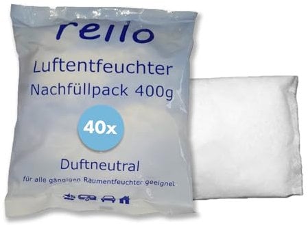 reilo 40x 400g Luftentfeuchter Granulat (Calciumchlorid), Raumluftentfeuchter im Vliesbeutel, Nachfüllpacks für Entfeuchterboxen 400 bis 1200g, Lufttrockner für Wohnräume, Schlafzimmer, Keller