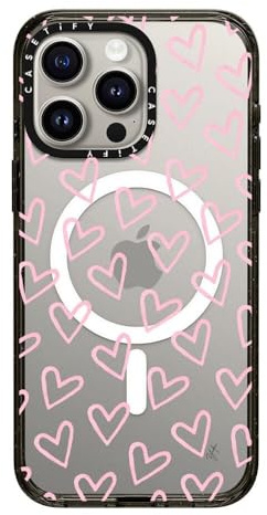 CASETiFY Impact Case for iPhone 15 Pro Max [4X Military Grade Drop Tested / 8.2ft Drop Protection/Compatible with Magsafe] - HEARTS/Light Pink Thin - Clear Black