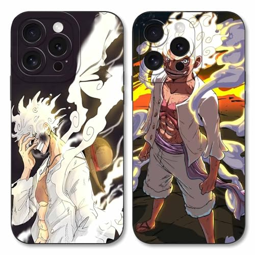 2 Stück Handyhülle für Apple iPhone 15 PRO MAX Hülle 6.7'' Anime Luffy Zoro Gear 5 Sun God Nika Muster Design Manga Case Kameraschutz Schutzhülle TPU Silikon Ultra Dünn Cover -Schwarz5