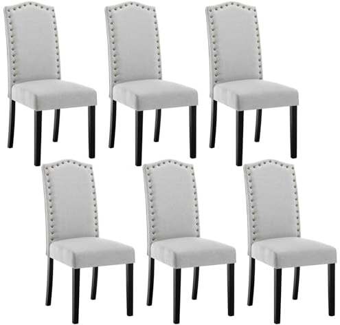 WOLTU 6er Set Esszimmerstühle, Küchenstuhl mit hoher Rückenlehne, Polsterstuhl, Wohnzimmerstuhl, Design Stuhl, mit Massivholzbeinen, gepolstert, Leinen, Hellgrau, BH386hgr-6