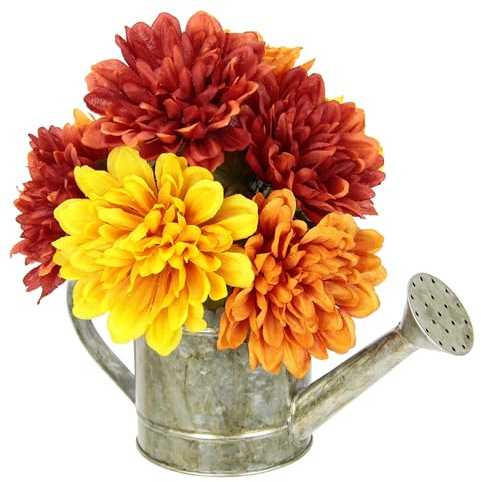 Kunstblume Chrysanthemen in Gießkanne Herbstgesteck Herbstliche Blumen Kunstpflanze Arrangement Gesteck Halloween Thanksgiving Deko Blumendeko Herbstblumen Dekoblumen Herbstlaub Tischdeko Mittelstück