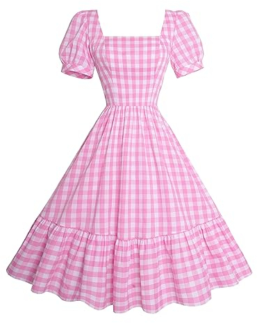 RWYBEYW Robe vichy vintage des années 1950 pour femme - Costume de Noël - Cosplay - Robe à carreaux - Robe de cocktail - Robe trapèze à volants, Manches bouffantes roses, M