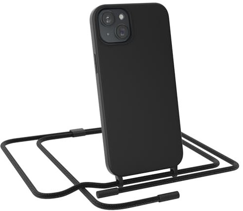 EAZY CASE - Handykette kompatibel mit iPhone 15 Plus - dünne Handyhülle Hülle mit Band als Fallschutz Kette zum Umhängen stoßeste Hülle Silikon mit Mikrofaser in Schwarz