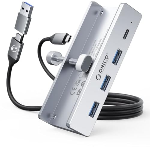 ORICO USB Hub, Aluminum USB 3.0 Hub Clip mit 5V Stromversorgungsanschluss, 5Gbps 4 Port USB Verteiler mit 3 Typ-A 3.0 und 1 Typ-C 3.0, 100cm Kabel (C auf A/C), für Monitoren, Schreibtischen