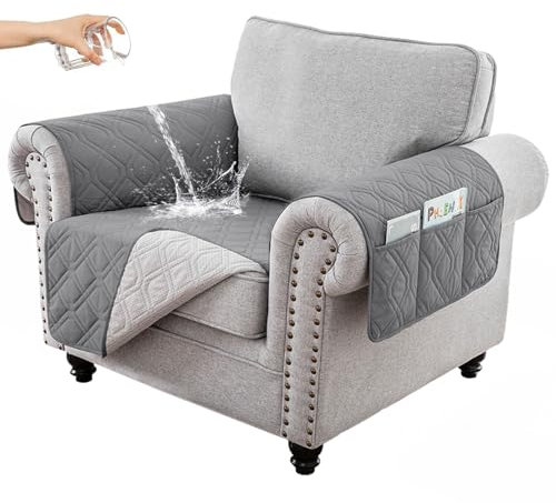 RAPRAP 100% Wasserdicht Sofa überzug 1 Sitzer, rutschfest Sofabezug mit Tasche für Kinder, Haustiere, Hunde, Waschbare Sesselbezug,Grau,1 Seater
