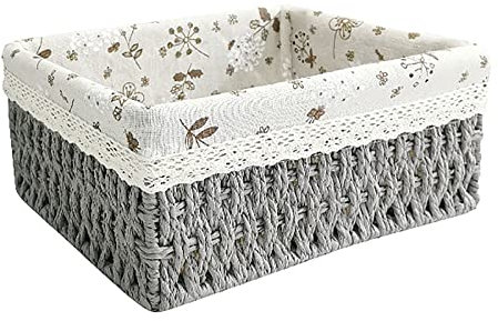 Pcscevcr Rattan Storage Basket, Wicker Baskets Bins with Removable Liners, Serving Trays Basket, for Bathroom Kitchen Home Desk Shelf Decor(Gray,L)
