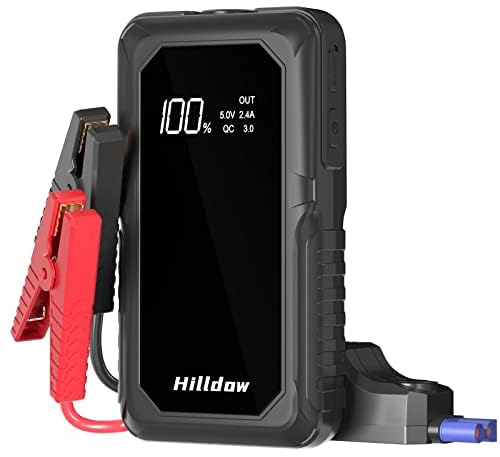 Hilldow Jump Starter Power Bank 2000 A Peak 18000 mAh Portable Car Jump Starter 12 V (for up to 8.0 L Petrol and 5.0 L Diesel) Car Jump Starter Power Bank with LED & USB QC3.0 Quick Charge