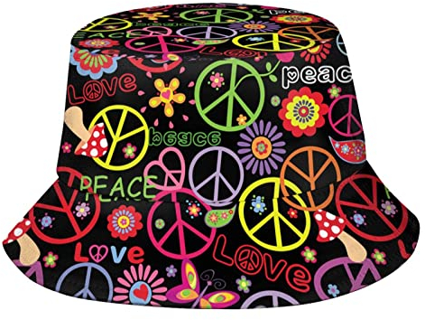 cheyenn Fischerhut, Sonnenhut, Strand, verstaubar, Fischerhut für Damen und Herren, Sommer, Outdoor, Wandern, Hippie Peace Zeichen 60er 70er Jahre, One size