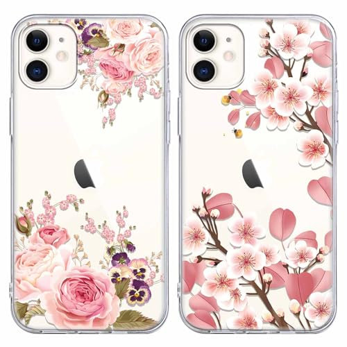 Foonary 2 Pack Clear Floral Print Phone Case Compatible with iPhone 11 6.1, Slim Soft Silicone with Pink Flower Design Aesthetics Transparent Pattern Cases, Shockproof Bumper Protector Cover