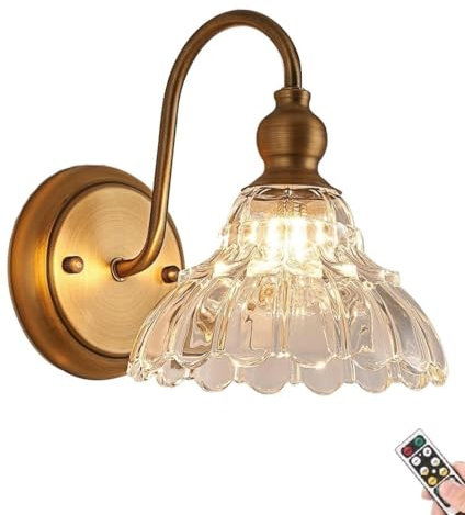 Gold Rechargeable Battery Operated Wall Sconce, Non Hardwired Bathroom Vanity Crystal Glass Lighting Fixture, Dimmable Timable Beautiful Battery Run Wall Light for Bedroom Living Room Hallway Stairwel