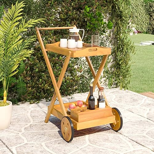 ARKEM Tea Trolley 54x87x90 cm Solid Wood Acacia,Wood Kitchen Trolley, Foldable Serving Cart with Bottle Holder, Wooden, Castors