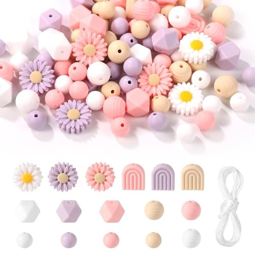 100 Stück Blumenförmige Silikonperlen Gänseblümchen, Rund Lose Silikonperlen Bastelperlen mit Nylonseil für Heimwerker Schlüsselanhänger Armbänder Halsketten Schmuckherstellung (4 Farben)
