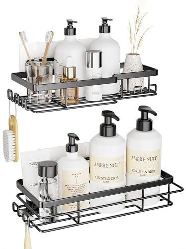 pickpiff Shower Caddy 2 Pack Bathroom Storage Shelf Shower Organiser No Drilling with Hooks Self Adhesive Soap Holder Hanging Rack Shower Accessories Tidy Black