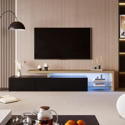 KeepGoon TV-Schrank 200 L x 39 B x 42 H cm,praktischer Stauraum,3Schränke,Hochglänzende Optik,LED-Beleuchtung,Integrierte Glasböden,Tv Cabinet,Lowboard-TV-Möbel (Schwarz und Holzfarbe)