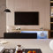 KeepGoon Mueble para TV de 200 x 39 x 42 cm, práctico espacio de almacenamiento, 3 armarios, aspecto brillante, iluminación LED, estantes de cristal integrados, gabinete de TV (negro y color madera)