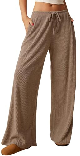 Nuofengkudu Damen Lockere Weite Bein Hose Lang Gerippt High Waist Tunnelzug Gummizug 2 Taschen Stretch Weich Bequeme Pyjama Hosen Haushose Freizeithose Palazzo Relax Slacks Schlupfhose Khaki L