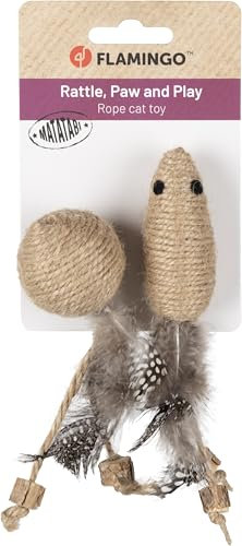 Flamingo Katzenspielzeug – Yutsa Ball & Maus – 13cm – Matatabi-Holz & Jute – mit Rasselgeräusch & Federn – braun – Katzenspielzeug