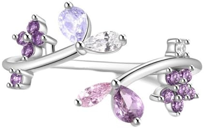 Epinki 14 Karat Au585 Weiß Gold Eheringe, Blatt Offen Verstellbar Trauringe 14K Gold Partnerringe mit Amethyst Lila Tropfenschliff Echtschmuck für Damen, Gr.51 (16.2)