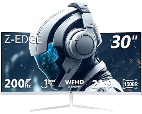 Z-Edge 30 Zoll Ultrawide Curved Gaming Monitor 200Hz (DP) 165Hz (HDMI) 1ms MPRT, 2560x1080 VA Panel, 21:9 R1500 Curved Bildschirm, 99% sRGB, 300cd/m² Helligkeit, FreeSync, HDMI & DisplayPort, Weiß