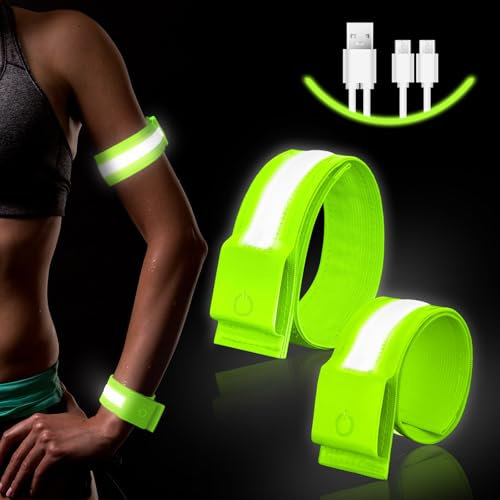 Ainiv LED Armband Aufladbar, 2 Stück Reflective LED Leucht Armbänder, Licht Armband Kinder Leuchtbänder USB Reflektorband Leuchtarmband Reflektorband Nacht Sicherheits Licht für Joggen Laufen Running