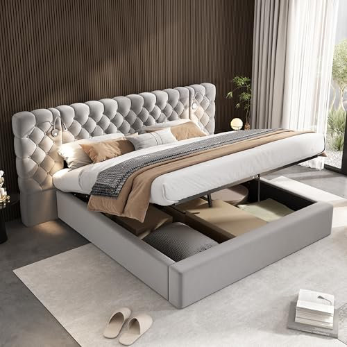 Ymkua Polsterbett Doppelbett 180x200 cm, Stauraumbett Bett mit LED-Leuchten, Bettgestell mit Stauraum Bettkasten, Jugendbett mit Weich Breit Kopfteil und Lattenrost aus Holz, Samt, Grau, Ohne Matratze