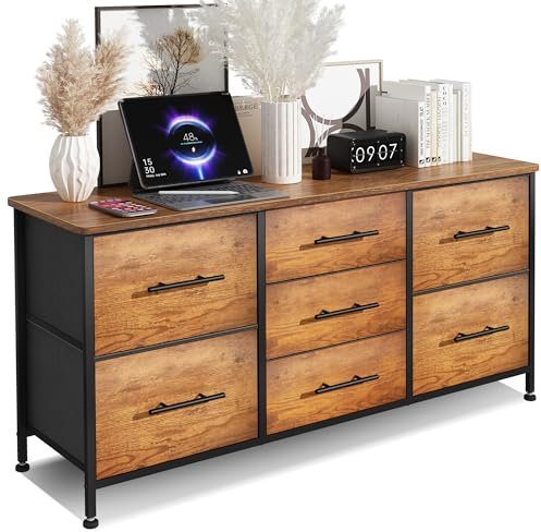 KIRVOVIY Chest of Drawers, Dresser for Bedroom with Fabric Drawers, TV Stand on 4 Flexible Castors, Storage Organizer for Living Room, Metal Frame and Wooden Top (Rustic Brown-7 drawers)