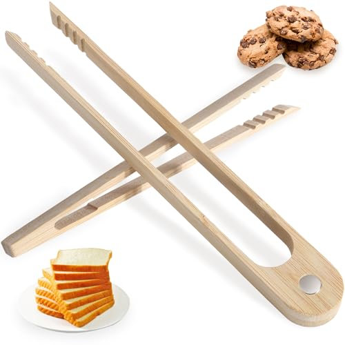FCSTYODO Lot de 2 pinces à grille-pain et pinces à toast en bambou pour la cuisine – 21,8 cm magnétique + mini duo antidérapant de 18 cm | Ustensiles en bambou de qualité supérieure pour bacon, pain,