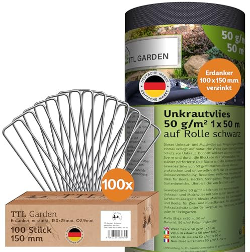 TTL Garden 50g/m² Unkrautvlies 50m² 1x50m Rolle + 100 Erdanker 150mm verzinkt - sehr wasserdurchlässig 50 x 1 m breit auf Rolle - Gartenvlies gegen Unkraut reißfest UV-stabil & atmungsaktiv schwarz