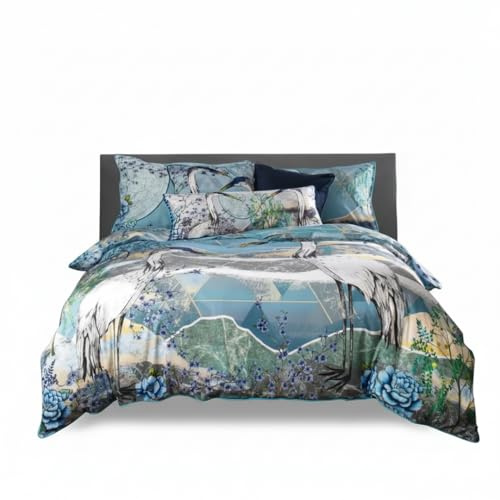 House of Norris Air, Earth and Water Double Duvet Cover Set | 200 Thread Count 100% Cotton Bedding Set | Free Decorative Cushion with Pom Pom Trim | Tranquil Crane & Mountain Design