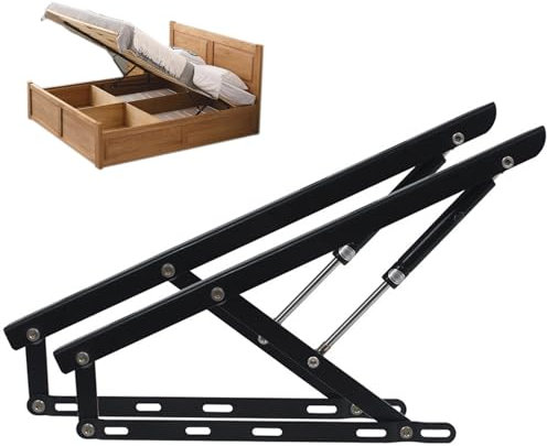 Juego de mecanismos elevables para Cama, Pack 2 Sistema de elevación con amortiguadores, bisagras + resortes de Gas para canape abatible, Movilidad para Cama Abatible, Acabado en Negro(150cm/59in)