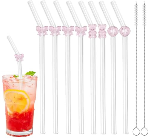 10 PCS Glass Straws with Charms, Glass Straws Drinking Have Cleaning Brush, Bow Glasses Attractive and Durable Suitable for Juice Smoothies Coffee Milkshakes and Hot Drinks