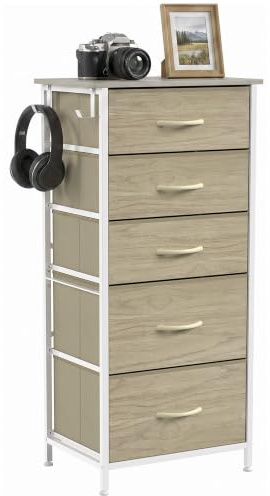 HOMCOM Chest of Drawers for Bedroom, 5 Fabric Drawers, Natural Wood Finish