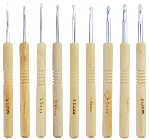 9 Stück Ergonomische Stricken Nadel,Ergonomische Häkelnadel mit Rutschfest Bambus Griff und Glatt Aluminium Hakenkopf,2,0-6,0 mm Starter-Häkelset,Häkelnadel-Set,Für Anfänger