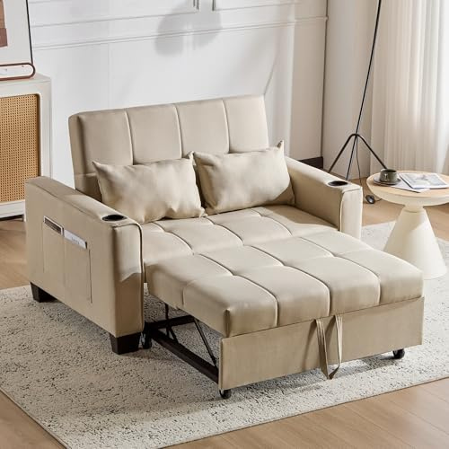 Miyemo 2 Seater Sofa Bed with Cup Holders & Side Pockets, 3 In 1 Convertible Sleeper Bed, Pull Out Sleeper Sofa with Adjustable Backrest, Fabric Sofa Chair for Living Room/Apartment/Small Space, Beige