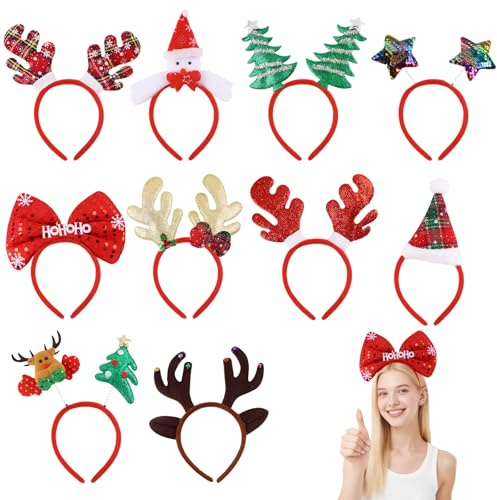 Shyllin Lot de 10 Serre Têtes Noël, Bonhomme de neige, Étoiles pailletées et Nœuds, Serre-tête adulte et enfant, Accessoires Noël pour fêtes et décoration