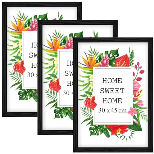 MG Design Lot de 3 Cadres Photo 30 x 45 cm en Bois Massif – Noir, avec Verre Acrylique – à Suspendre ou à Poser, Orientation Verticale ou Horizontale – pour Photos, Affiches, Puzzles