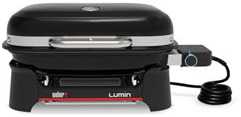 Weber Lumin Kompakt Tragbarer Elektrogrill, Heizt bis 315°C, mit Deckelthermometer, porzellanemaillierten Gusseisenrosten, 43 x 32 cm Grillfläche, schwarz (1502012)