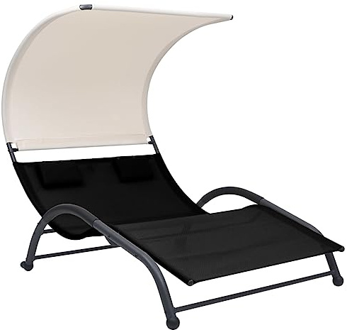 QUAHEAS Doppel-Sonnenliege Schwarz, Textilene, Stahlrahmen, 190x137x158 cm, mit Sonnendach, 2 Kissen, für Garten, Terrasse, Pool, Indoor & Outdoor Entspannung