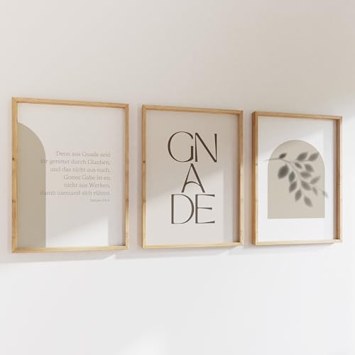 AusGlaubenLeben® | Christliches Poster Gnade, 3er Set, Wanddeko, Bibelvers Epheser, Christliches Plakat, minimalistische Wandkunst, Wandposter Wohnzimmer, Geschenk, Taufe | Braun/Weiß | 40x50cm