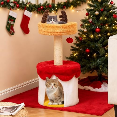 COSTWAY Kratzbaum für Weihnachten, 80cm hoch, Katzenbaum mit Katzenhöhle, Liege mit Geweih, Sisal-Kratzpfosten & Ball, Katzenkratzbaum Katzenmöbel Indoor, Weihnachtsdekoration, Bunt