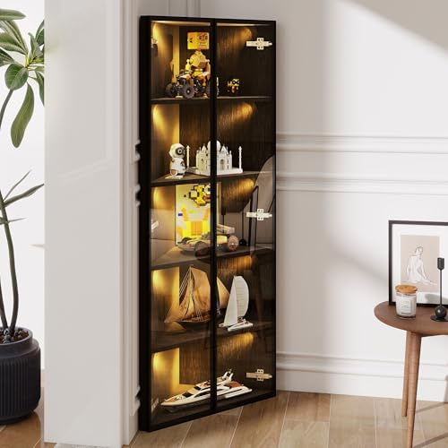 Oxtao Glasvitrine mit LED, Außenseite aus Eiche, integrierte Lichtleiste, staubdichter Schrank aus gehärtetem Glas, Eckvitrine mit Tür, Sammlungsvitrine, Bücherregal, Weinschrank(Schwarz-1)