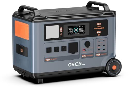 OSCAL 6000W Solargenerator, 3600Wh LiFePO4 Tragbare Powerstation, 4 Ausgang AC 6000W(9000W Peak), 2200W Schnellladung, Power Station für Camping, Wohnmobil, Garten, Outdoor