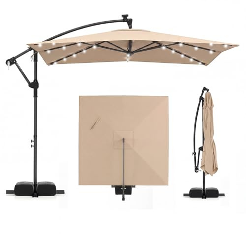 COSTWAY Sombrilla Terraza Exterior con Base, Parasol Excentrico con 32 Luces LED, Rotación de 360°, Manivela, Sacos de Arena, Sombrilla Jardín Grande para Patio Terraza (250 x 250 cm（con Luz）,Café)