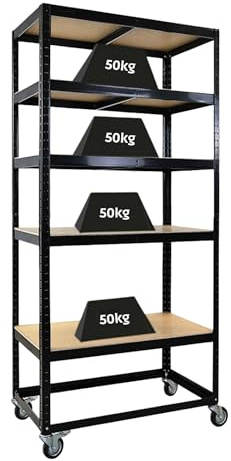 PROREGAL Kommissionierwagen BÜFFEL Fahrbares Kommissionierregal, 192x90x50cm, 5 Ebenen, Fachlast 50kg, 4 Lenkrollen, Davon 2 mit Feststellbremse, Schwarz, Regal auf Rollen, Regalwagen