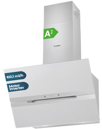 Hyundai Cappa aspirante decorativa inclinata, 70 cm, vetro bianco, HCDE70DCW00, potenza 831 m3/h, 3 velocità, 2 filtri, 64 dB, livello sonoro, controllo touch, filtri adatti alla lavastoviglie