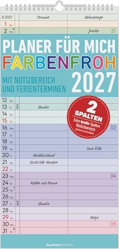 Planer für mich Farbenfroh 2027: bunter Streifenplaner 22x45 cm mit 2 Spalten, Schulferien, Feiertagen & Notizfeld, ideal für Küche, Büro & Homeoffice