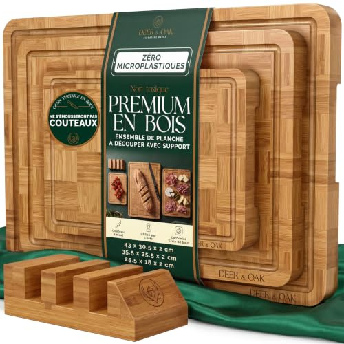 Deer & Oak End Grain Bamboo Chopping Board Set of 3, Gentle on Knives | 43 x 30.5 x 2cm, 35.5 x 25.5 x 2cm, and 25.5x 18 x 2cm, Includes Stand for Easy Storage