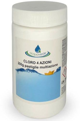 acquaverde | Cloro 4 AZIONI in Pastiglie da 200 grammi - 3 kg di Multiazione per Piscina, Trattamento Multifunzione: Clorante, Antialghe, Stabilizzante del Ph e Flocculante per Acqua di Piscine