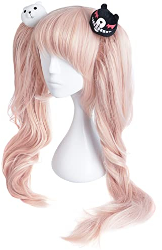 Perücke von Junko Enoshima für Danganronpa Fans | Cosplay Wig mit Monokuma Haarspangen | Rosa